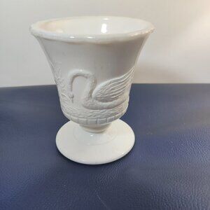 Milk Glass Planter, Vintage with Two Swans, pedestal foot.